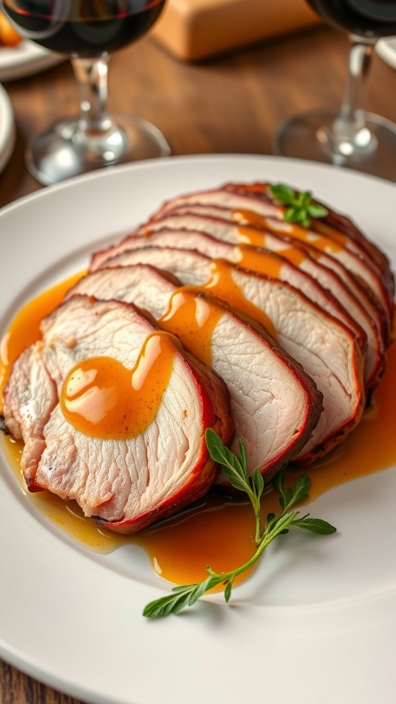 Sliced duck breast with orange sauce on a white plate, garnished with herbs and served with roasted vegetables.